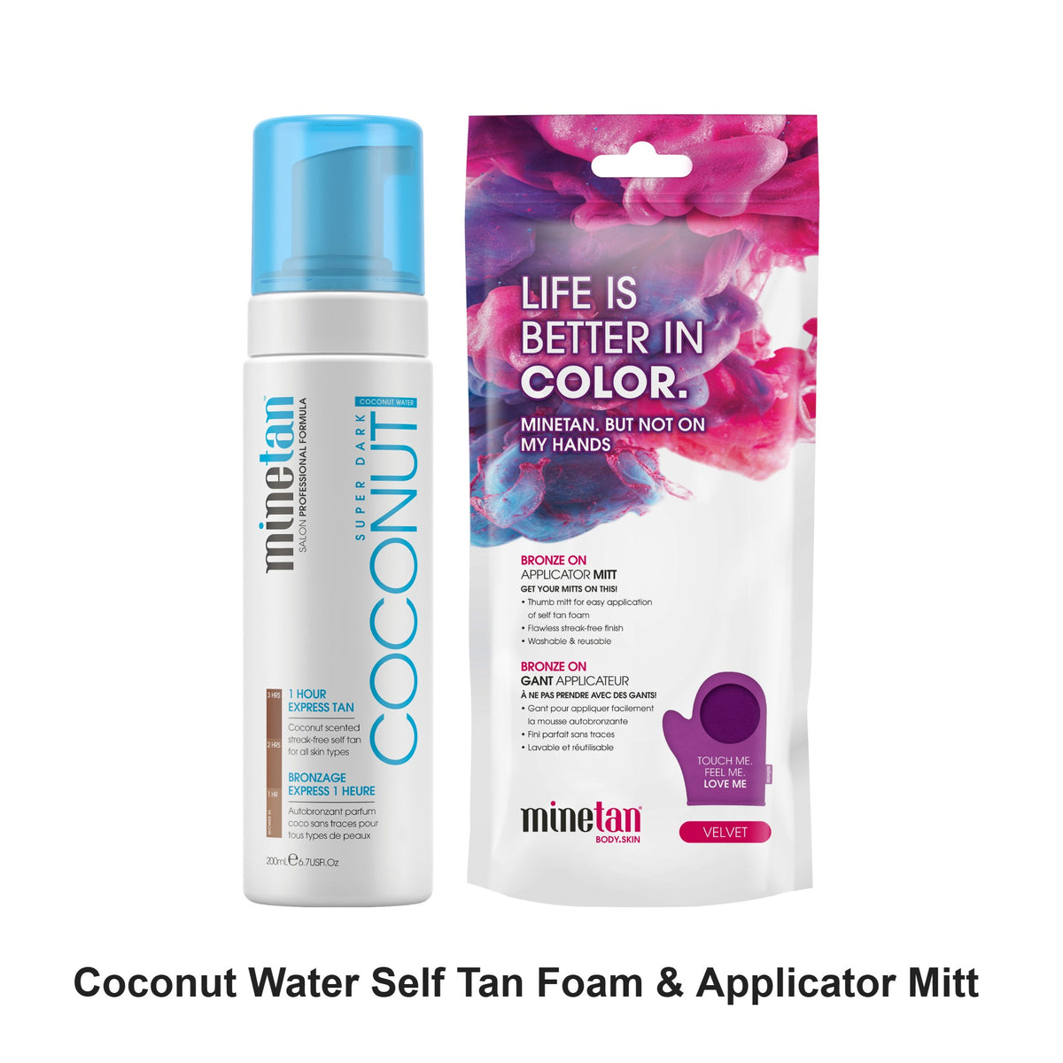 Mine Tan - Coconut Water Self Tan Foam & Applicator Mitt Duo Bundle – bundle contents: Coconut Water Self Tan Foam 200ml, Bronze On Applicator Mitt