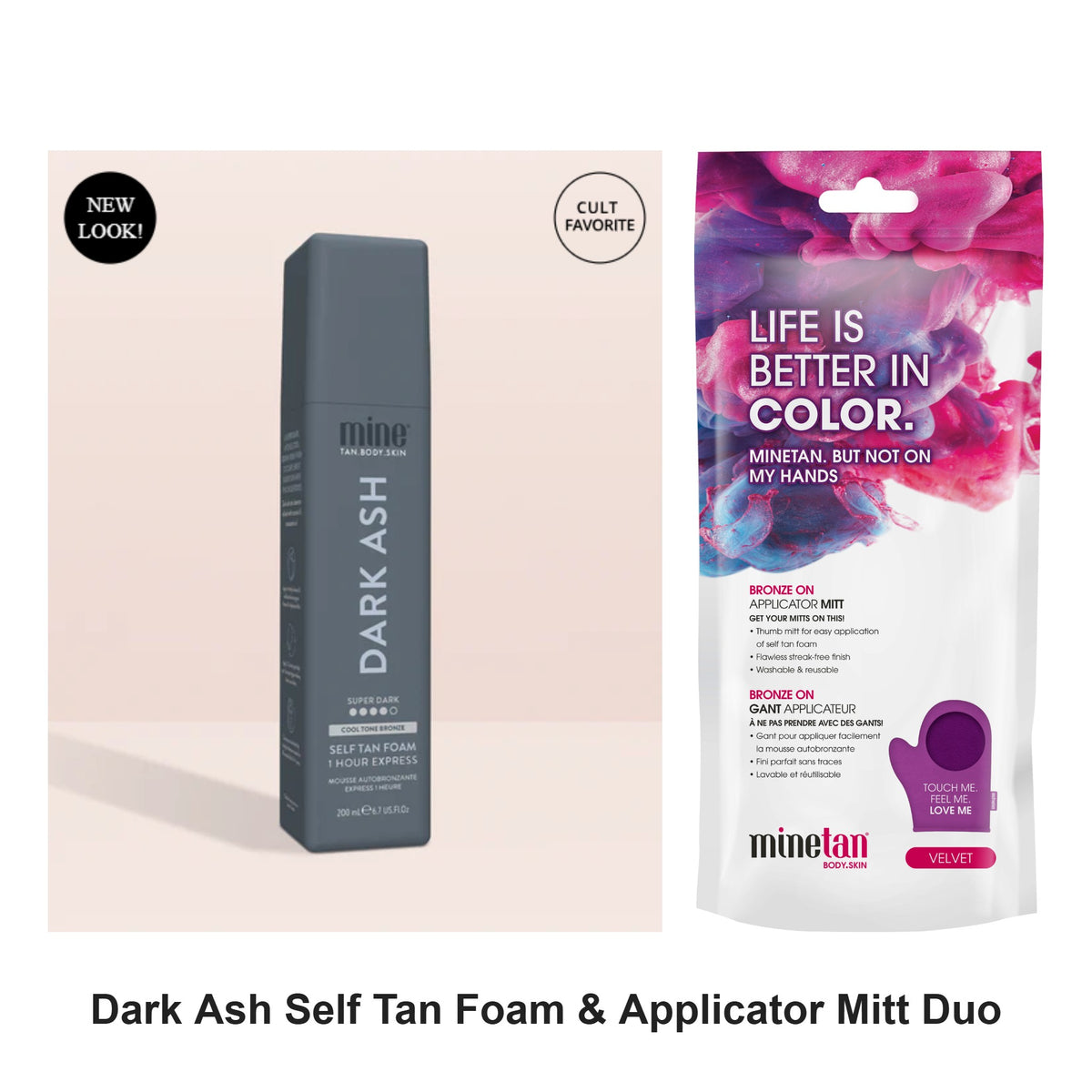 Mine Tan - Dark Ash Self Tan Foam & Applicator Mitt Duo Bundle – bundle contents: Dark Ash Self Tan Foam 200ml, Bronze On Applicator Mitt