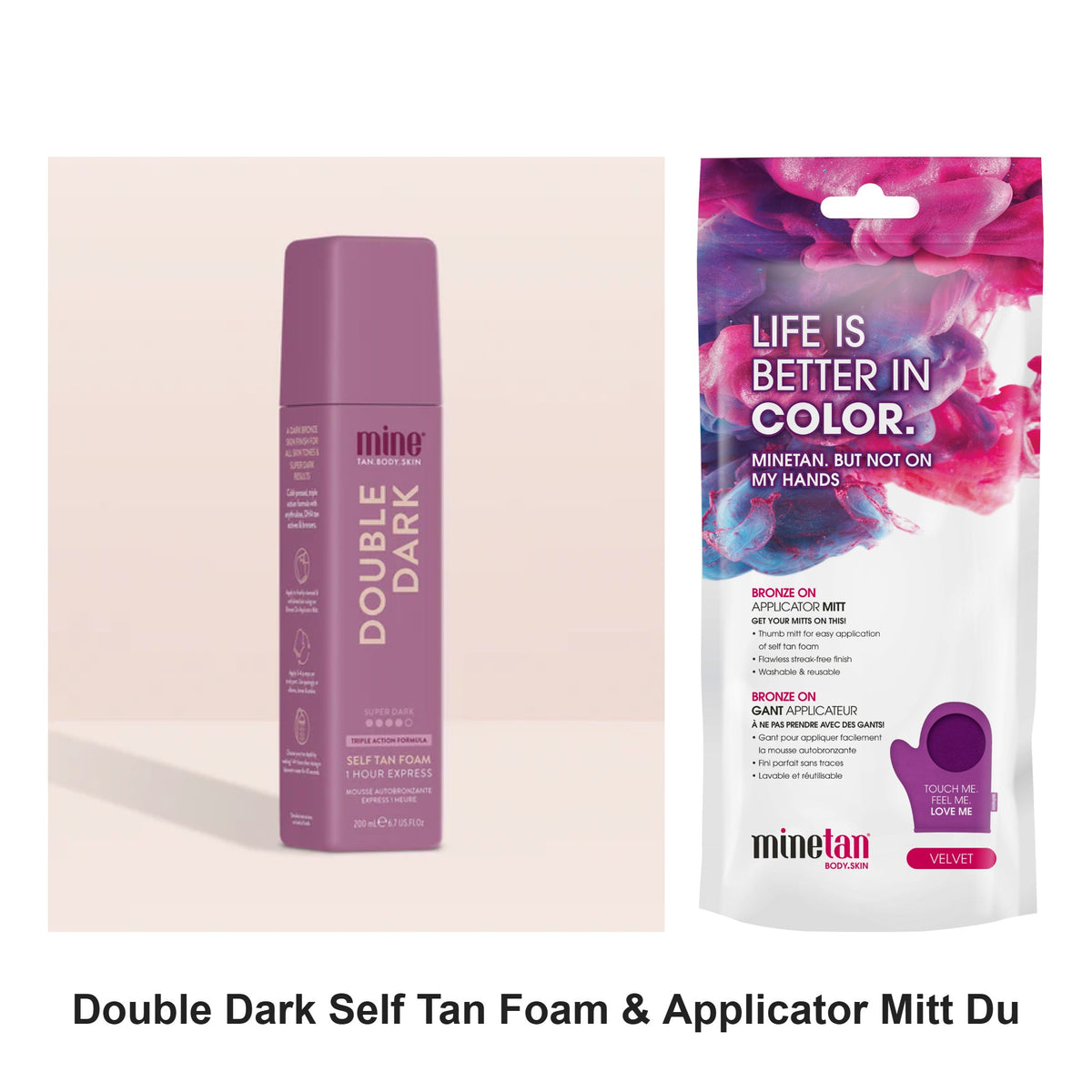 Mine Tan - Double Dark Self Tan Foam & Applicator Mitt Duo Bundle – bundle contents: Double Dark Self Tan Foam 200ml, Bronze On Applicator Mitt