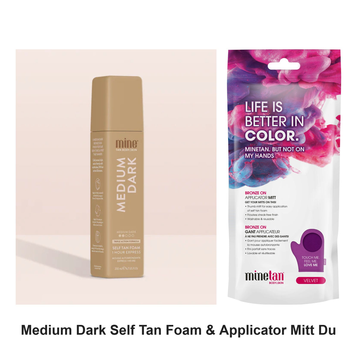Mine Tan - Medium Dark Self Tan Foam & Applicator Mitt Duo Bundle – bundle contents: Medium Dark Self Tan Foam 200ml, Bronze On Applicator Mitt