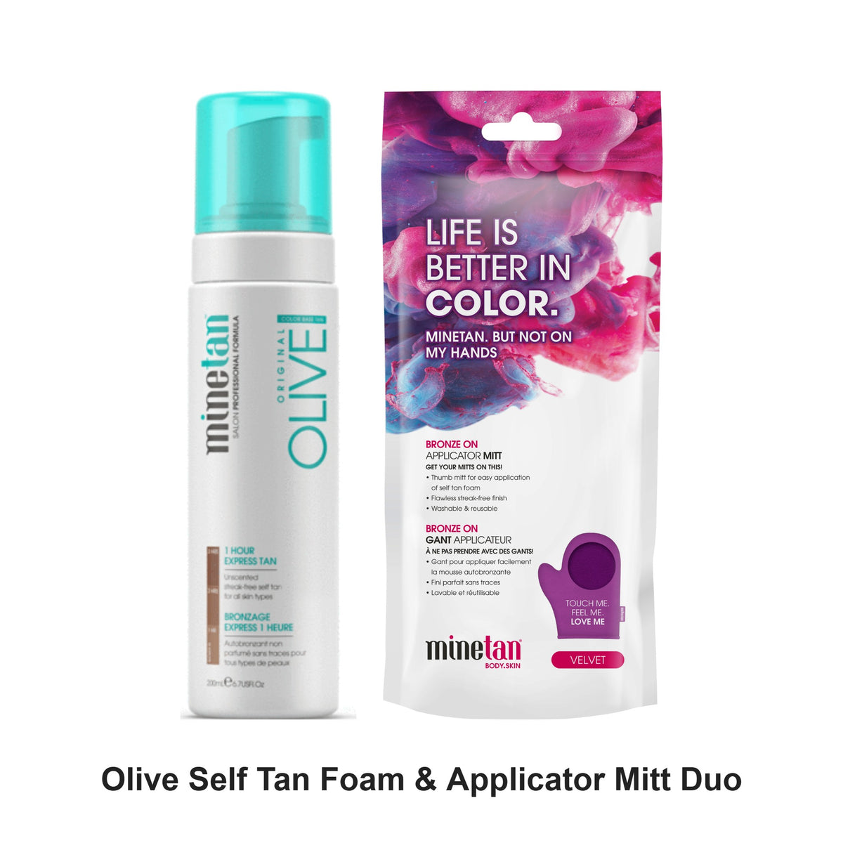 Mine Tan - Olive Self Tan Foam & Applicator Mitt Duo Bundle – bundle contents: Olive Self Tan Foam 200ml, Bronze On Applicator Mitt