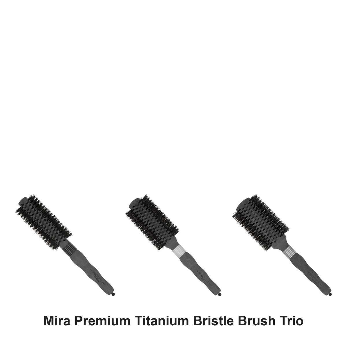 Mira - Premium Titanium Bristle Brush Trio Bundle – bundle contents: Premium Titanium Bristle Hair Brush Small 43mm, Premium Titanium Bristle Hair Brush Medium 55mm, Premium Titanium Bristle Hair Brush Large 63mm
