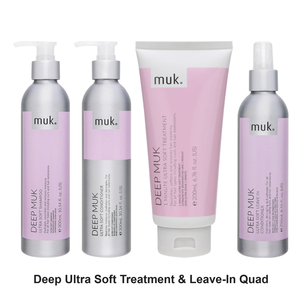 Muk Hair - Deep Ultra Soft Shampoo, Conditioner, Treatment & Leave-In Quad Bundle – bundle contents: Deep Ultra Soft Shampoo 300ml, Deep Ultra Soft Conditioner 300ml, Deep 1 Minute Treatment 200ml, Deep Ultra Soft Leave In Conditioner 250ml