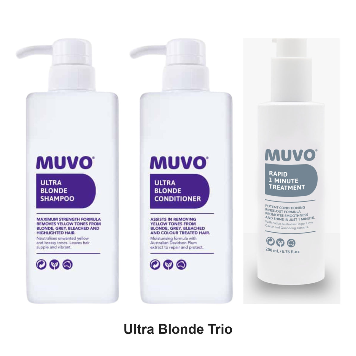 Muvo - Ultra Blonde Shampoo, Conditioner & Rapid 1 Min Treatment Trio Bundle – bundle contents: Ultra Blonde Shampoo 300ml, Ultra Blonde Conditioner 300ml, Rapid 1 Min Treatment for Blondes 200ml