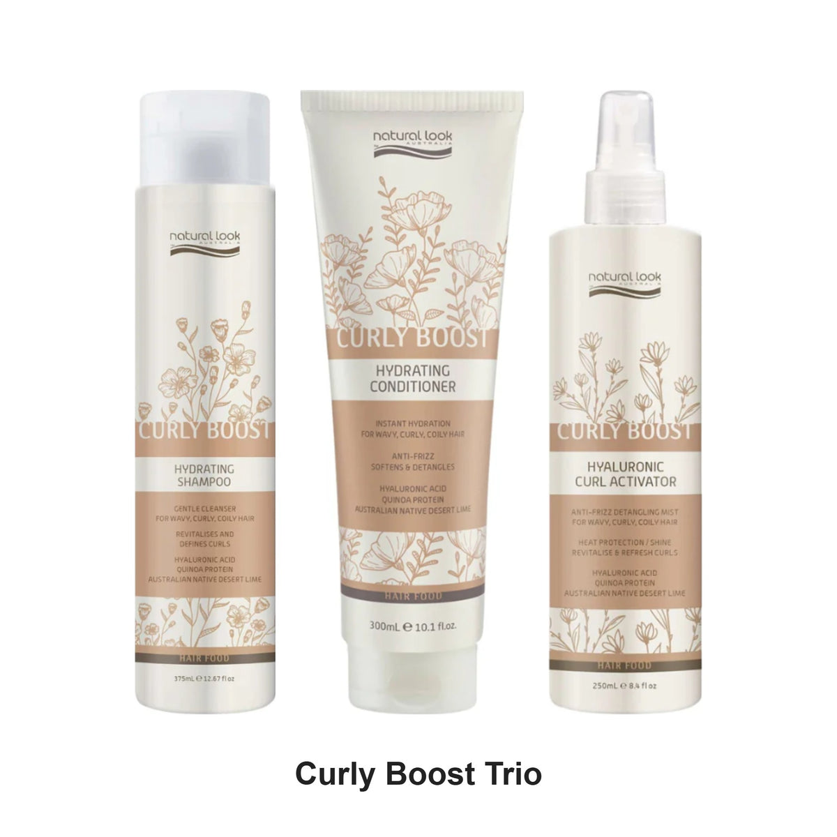 Natural Look - Curly Boost Shampoo, Conditioner & Curl Activator Trio Bundle – bundle contents: Curly Boost Hydrating Shampoo 375ml, Curly Boost Hydrating Conditioner 300ml, Curly Boost Hyaluronic Curl Activator 250ml