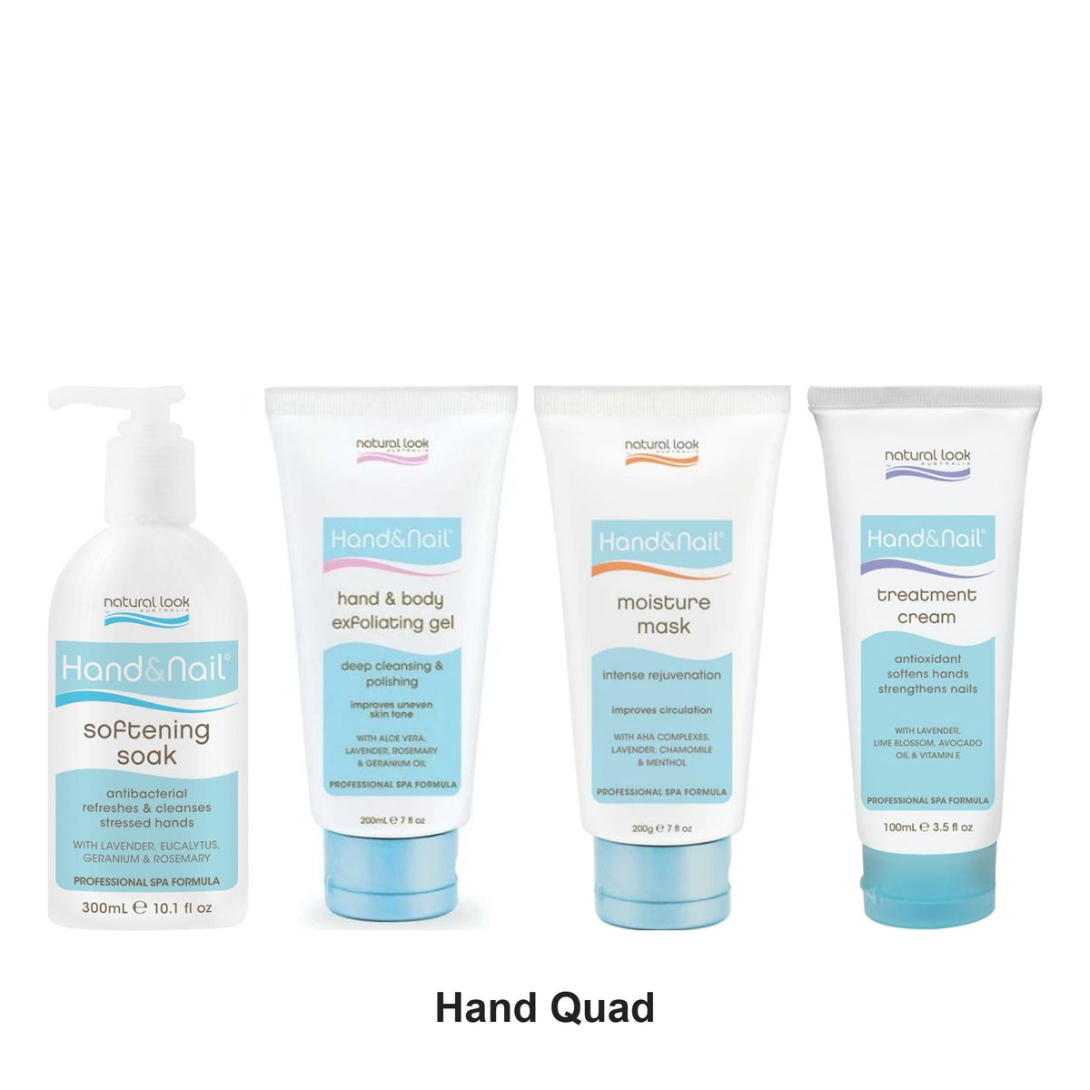 Natural Look - Hand & Nail Manicure Quad Bundle (Soak, Exfoliating Gel, Moisture Mask & Treatment Cream) – bundle contents: Hand & Nail Softening Soak 300ml, Hand & Body Exfoliating Gel 200ml, Hand & Nail Moisture Mask 200ml, Hand and Nail Treatment Cream 100ml