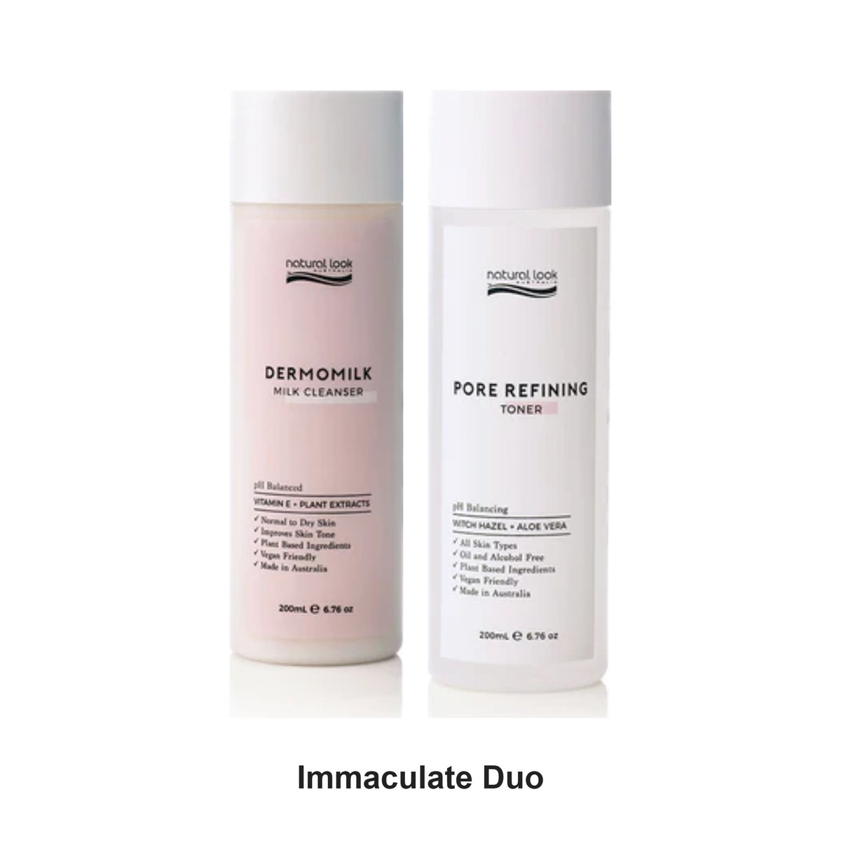 Natural Look - Immaculate Dermomilk Cleanser & Pore Refining Toner Duo Bundle – bundle contents: Immaculate Dermomilk Daily Cleanser 200ml, Immaculate Pore Refining Toner 200ml