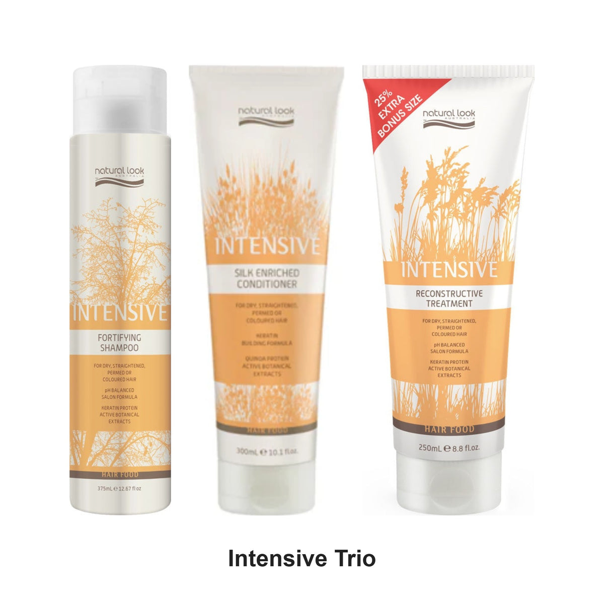 Natural Look - Intensive Shampoo, Conditioner & Reconstructive Treatment Trio Bundle – bundle contents: Intensive Fortifying Shampoo 375ml, Intensive Silk Enriched Conditioner 375ml, Intensive Reconstructive Treatment 200ml