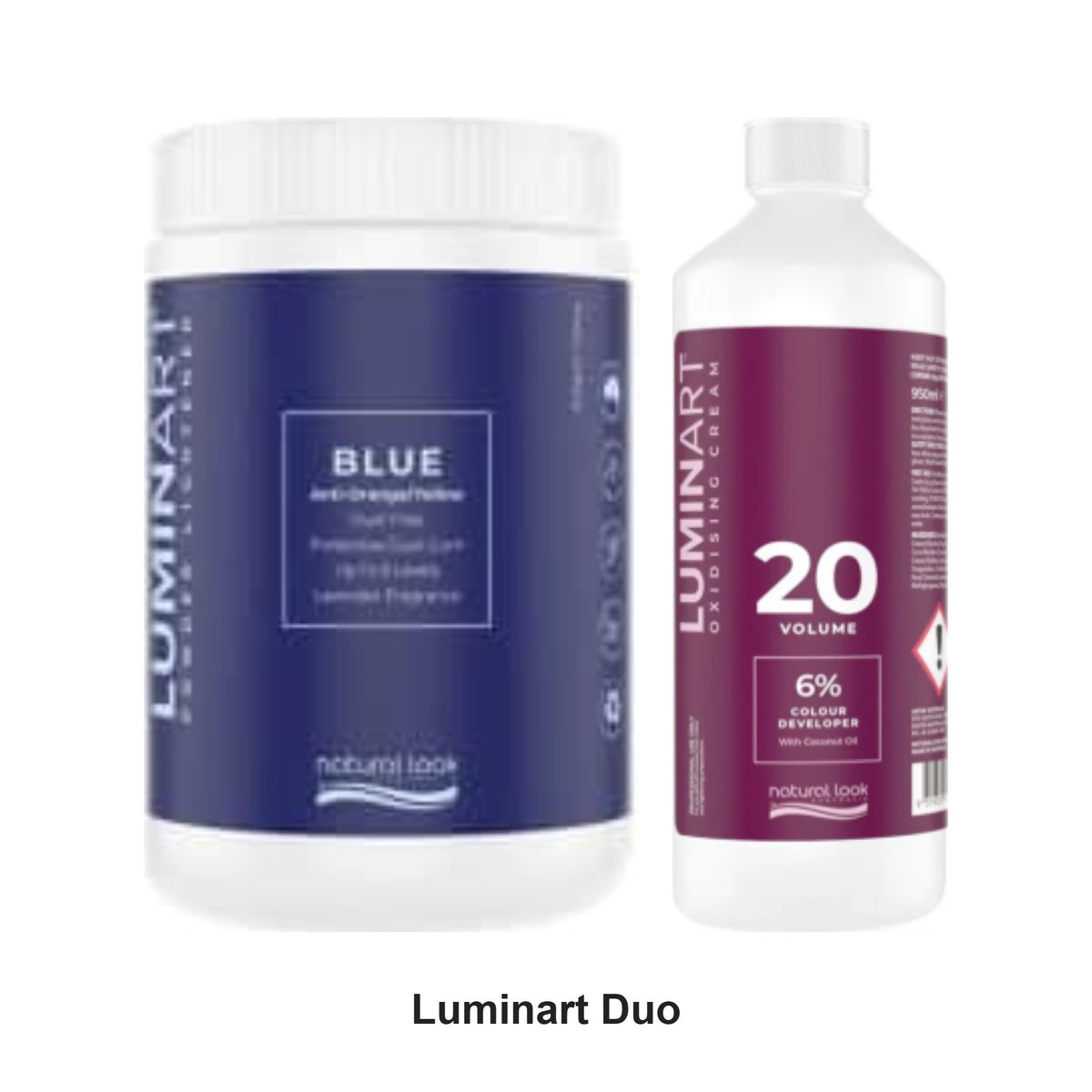 Natural Look - Luminart Blue Dust Free Powder Lightener & 20 Vol Oxidising Cream Duo Bundle – bundle contents: Luminart Blue Dust Free Powder Lightener 500g, Luminart Oxidising Cream 20 Vol 6%