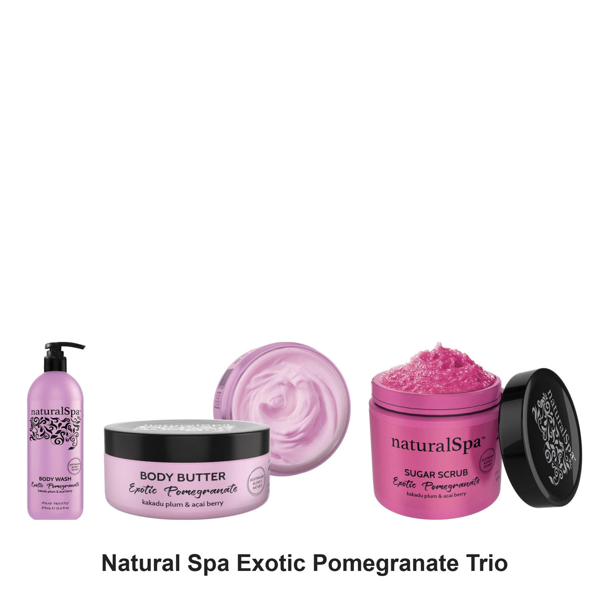 Natural Look - Natural Spa Exotic Pomegranate Body Wash, Butter & Scrub Trio Bundle – bundle contents: Natural Spa Exotic Pomegranate Body Wash 375ml, Natural Spa Exotic Pomegranate Body Butter 200g, Natural Spa Exotic Pomegranate Sugar Scrub 500g