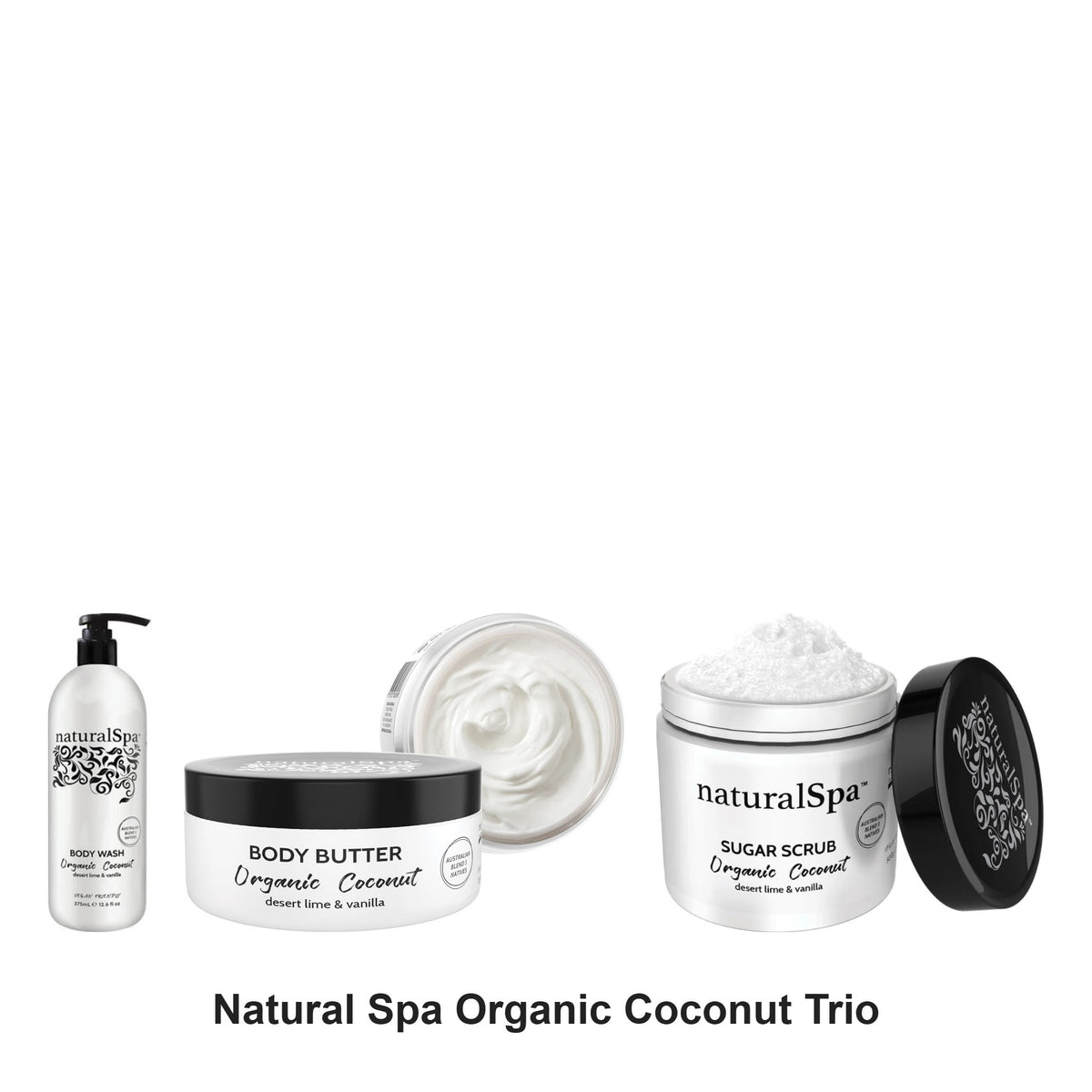 Natural Look - Natural Spa Organic Coconut Body Wash, Butter & Scrub Trio Bundle – bundle contents: Natural Spa Organic Coconut Body Wash 375ml, Natural Spa Organic Coconut Body Butter 200g, Natural Spa Organic Coconut Sugar Scrub 500g