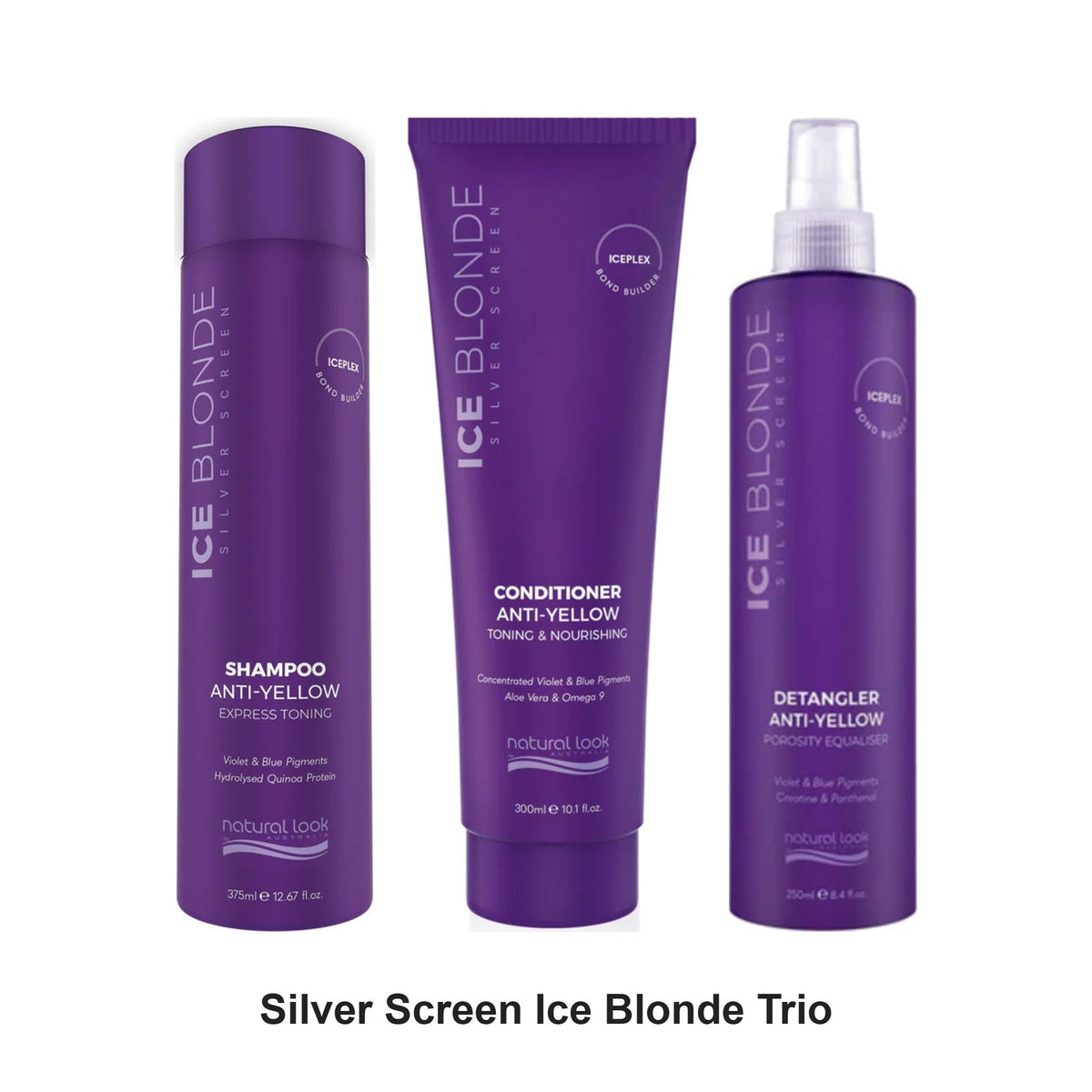 Natural Look - Silver Screen Ice Blonde Shampoo, Conditioner & Detangler Trio Bundle – bundle contents: Silver Screen Ice Blonde Shampoo 375ml, Silver Screen Ice Blonde Conditioner 300ml, Silver Screen Ice Blonde Detangler 250ml
