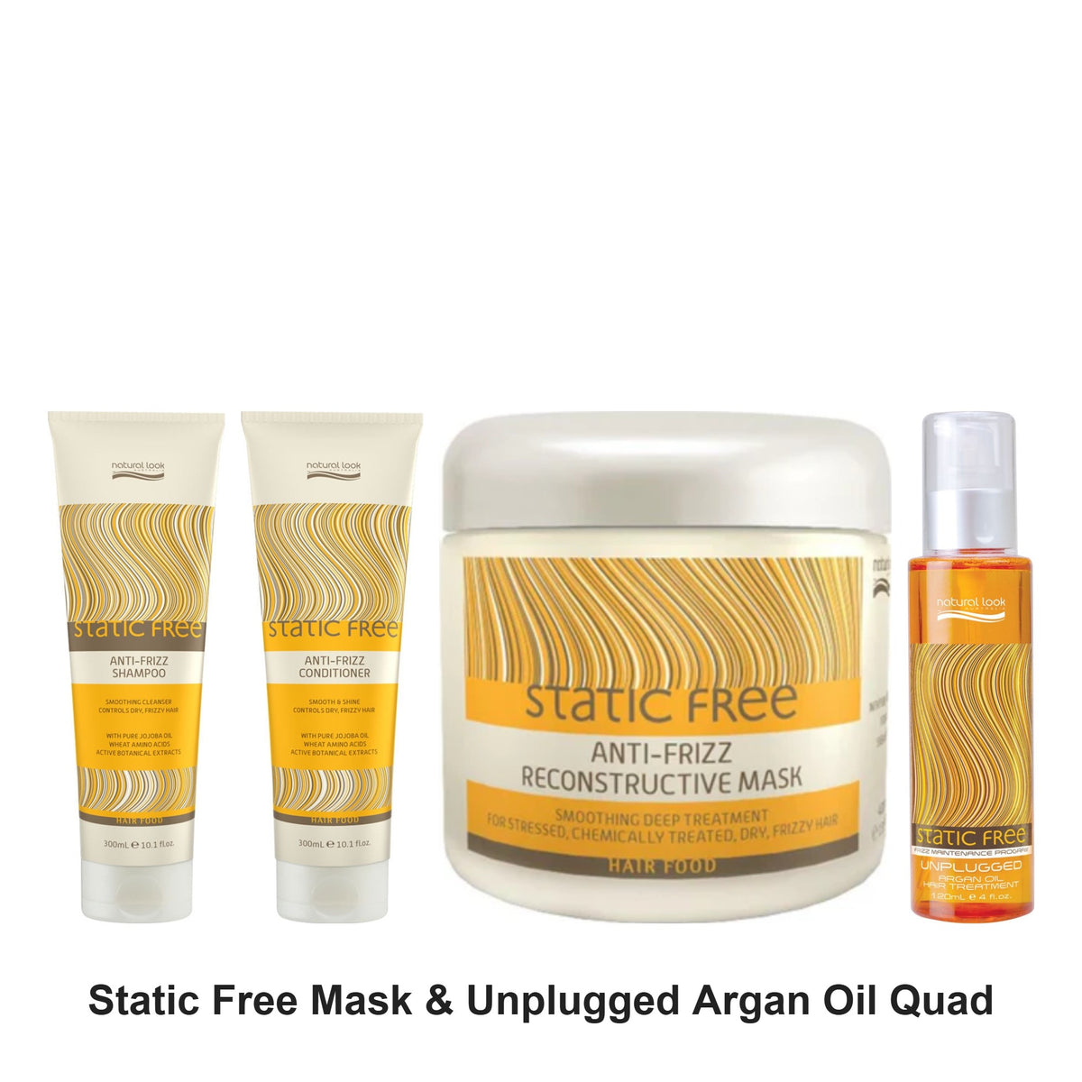 Natural Look - Static Free Shampoo, Conditioner, Mask & Unplugged Argan Oil Quad Bundle – bundle contents: Static Free Anti Frizz Shampoo 300ml, Static Free Anti Frizz Conditioner 300ml, Static Free Reconstructive Mask 400ml, Static Free Unplugged Argan Oil 120ml