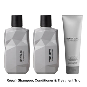 Nine Yards - Repair Shampoo, Conditioner & Treatment Trio Bundle – bundle contents: On Track Repair Shampoo 300ml, Your Move Repair Conditioner 300ml, Never Dull Repair Treatment 250ml
