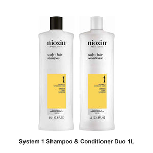 Nioxin Professional - System 1 Shampoo & Conditioner Duo 1L Bundle – bundle contents: Nioxin Professional Scalp + Hair Thickening System 1 Shampoo 1L, Nioxin Professional Scalp + Hair Thickening System 1 Conditioner 1L