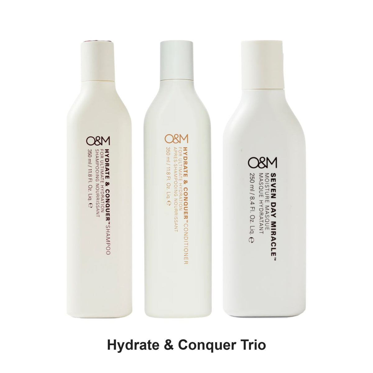 O&M - Hydrate & Conquer Shampoo, Conditioner & Masque Trio Bundle – bundle contents: Hydrate & Conquer Shampoo 350ml, Hydrate & Conquer Conditioner 350ml, Seven Day Miracle Moisture Masque 250ml