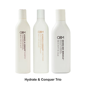 O&M - Hydrate & Conquer Shampoo, Conditioner & Masque Trio Bundle – bundle contents: Hydrate & Conquer Shampoo 350ml, Hydrate & Conquer Conditioner 350ml, Seven Day Miracle Moisture Masque 250ml