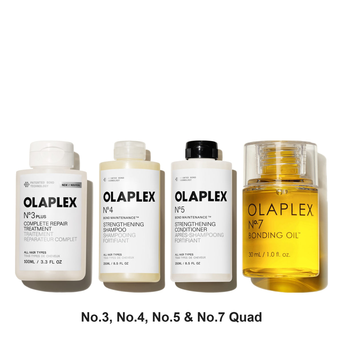 Olaplex - No.3, No.4, No.5 & No.7 Treatment, Shampoo, Conditioner & Bonding Oil Quad Bundle – bundle contents: No. 3 Plus Ultimate Repair Treatment 100ml, No.4 Bond Maintenance Shampoo 250ml, No.5 Bond Maintenance Conditioner 250ml, No.7 Bonding Oil 30ml