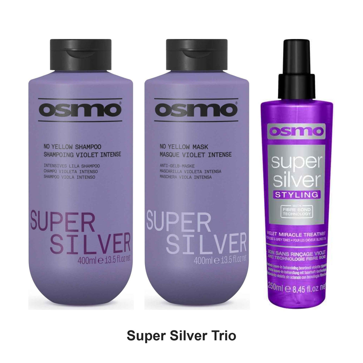 Osmo - Super Silver No Yellow Shampoo, Mask & Violet Miracle Treatment Trio Bundle – bundle contents: Super Silver No Yellow Shampoo 400ml, Super Silver No Yellow Mask 400ml, Super Silver Violet Miracle Treatment 250ml