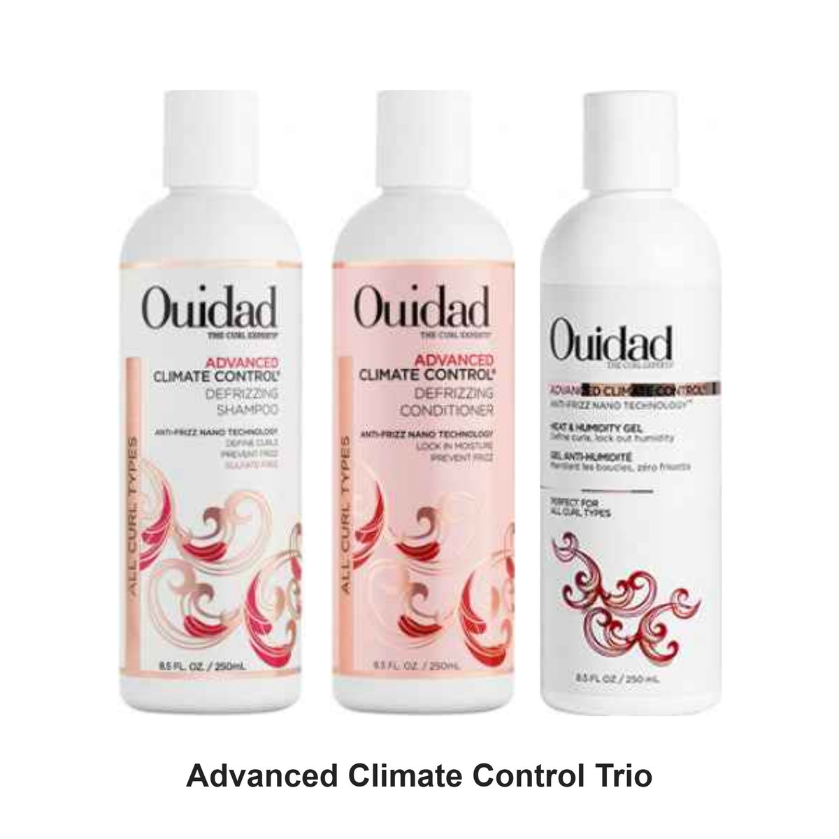 Ouidad - Advanced Climate Control Shampoo, Conditioner & Heat & Humidity Gel Trio Bundle – bundle contents: Advanced Climate Control Defrizzing Shampoo 250ml, Advanced Climate Control Defrizzing Conditioner 250ml, Advanced Climate Control Heat & Humidity Gel Medium Hold 250ml