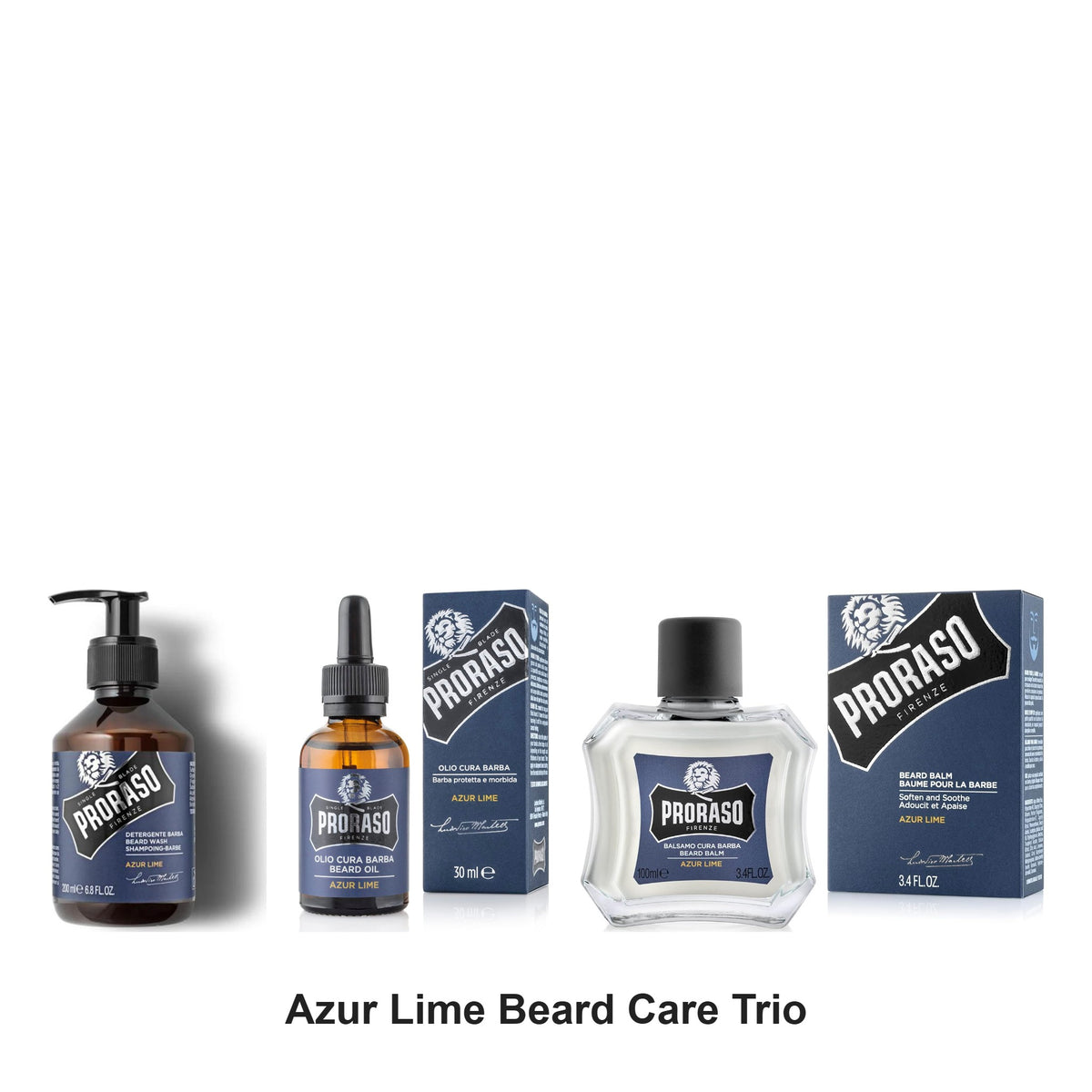 Proraso - Azur Lime Beard Care Trio Bundle (Shampoo, Oil & Balm) – bundle contents: Beard Shampoo Azur Lime 200ml, Beard Oil Azur Lime 30ml, Beard Balm Azur Lime 100ml