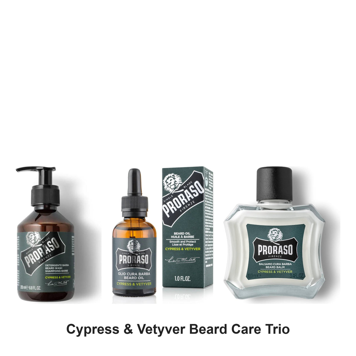 Proraso - Cypress & Vetyver Beard Care Trio Bundle (Shampoo, Oil & Balm) – bundle contents: Beard Shampoo Cypress & Vetyver 200ml, Beard Oil Cypress & Vetyver 30ml, Beard Balm Cypress & Vetyver 100ml