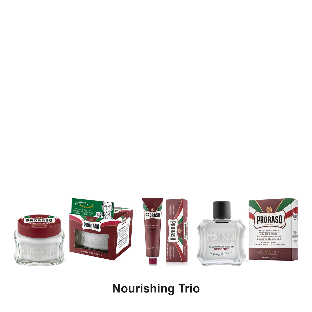 Proraso - Nourishing Red Shave Trio Bundle (Pre-Shave, Shaving Cream & Aftershave Balm) – bundle contents: Nourishing Pre-Shave Cream Red 100ml, Nourishing Shaving Cream Tube Red 150ml, Nourishing Aftershave Balm Jar Red 100ml