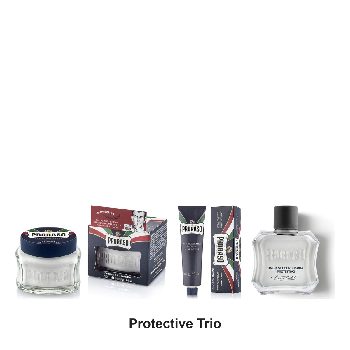 Proraso - Protective Blue Shave Trio Bundle (Pre-Shave, Shaving Cream & After Shave Balm) – bundle contents: Protective Pre Shave Cream Blue 100ml, Protective Shaving Cream Tube Blue 150ml, Protective After Shave Balm Blue 100ml
