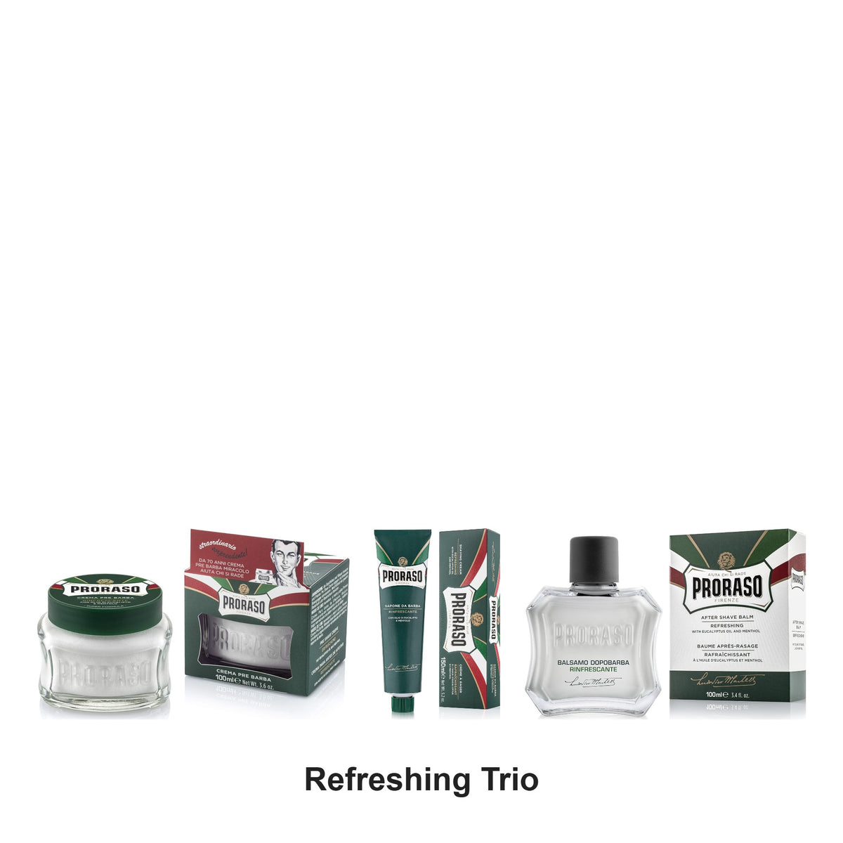 Proraso - Refreshing Green Shave Trio Bundle (Pre-Shave, Shaving Cream & After Shave Balm) – bundle contents: Refreshing Pre-Shave Cream Jar Green 100g, Refreshing Shaving Cream Tube Green 150ml, Refreshing After Shave Balm Green 100ml