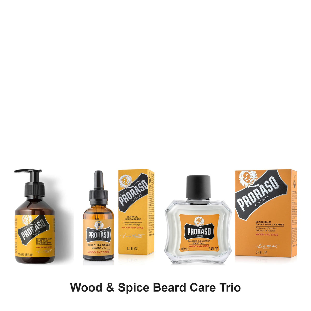 Proraso - Wood & Spice Beard Care Trio Bundle (Shampoo, Oil & Balm) – bundle contents: Beard Shampoo Wood & Spice 200ml, Beard Oil Wood & Spice 30ml, Beard Balm Wood & Spice 100ml