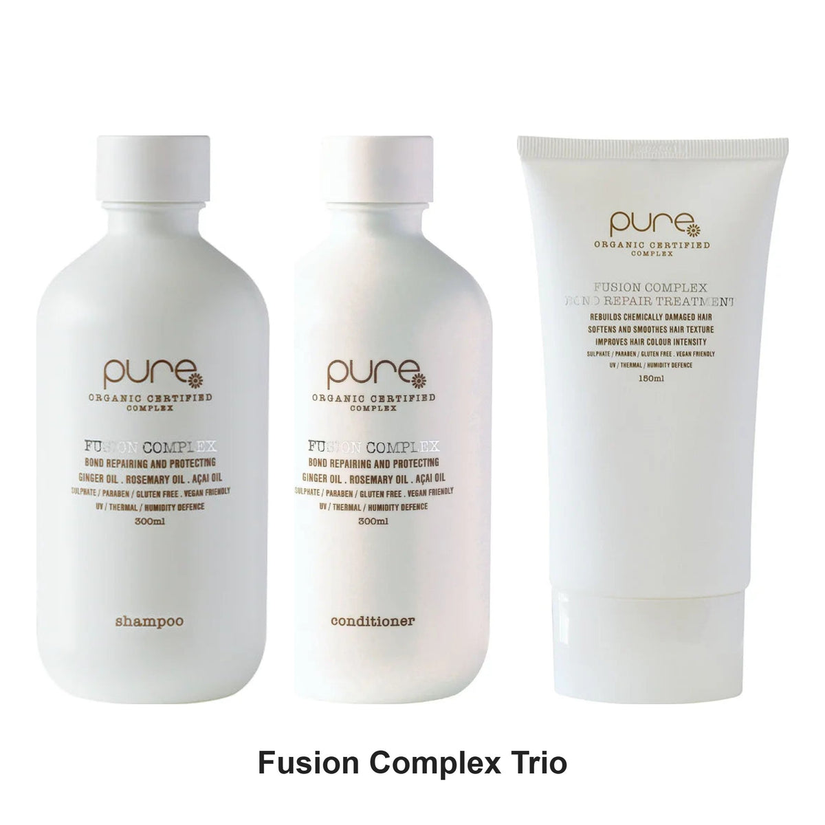 Pure Organic - Fusion Complex Shampoo, Conditioner & Bond Repair Treatment Trio Bundle – bundle contents: Fusion Complex Shampoo 300ml, Fusion Complex Conditioner 300ml, Fusion Complex Bond Repair Treatment 150g