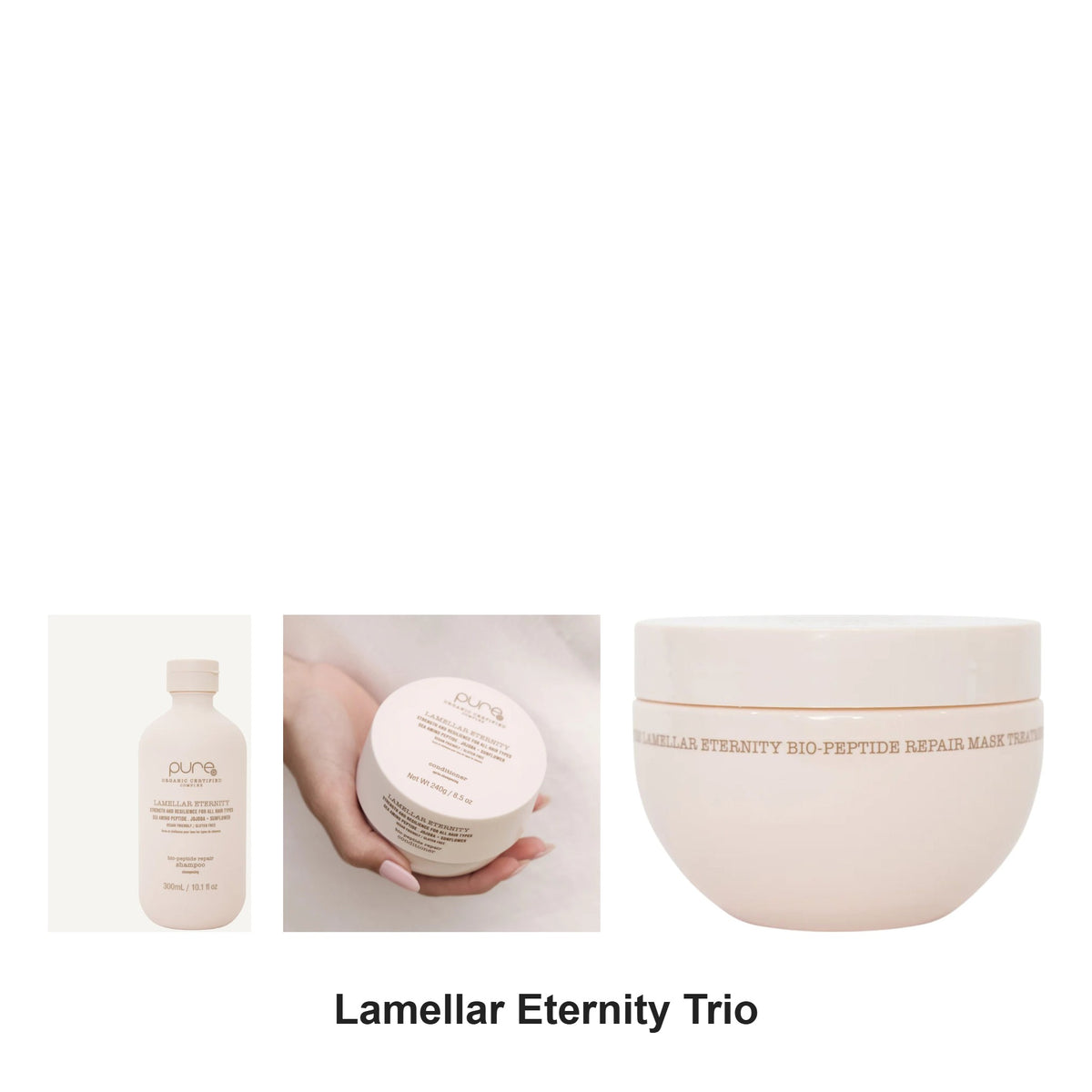Pure Organic - Lamellar Eternity Shampoo, Conditioner & Mask Treatment Trio Bundle – bundle contents: Lamellar Eternity Shampoo 300ml, Lamellar Eternity Conditioner 240ml, Lamellar Eternity Mask Treatment 250ml