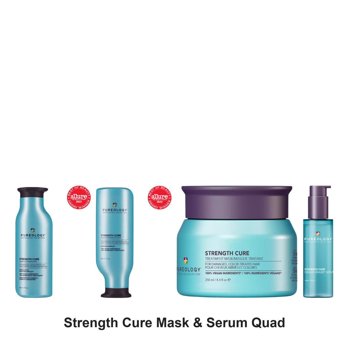 Pureology - Strength Cure Shampoo, Conditioner, Mask & Serum Quad Bundle – bundle contents: Strength Cure Shampoo 266ml, Strength Cure Conditioner 266ml, Strength Cure Treatment Mask 250ml, Strength Cure Healer Serum 100ml