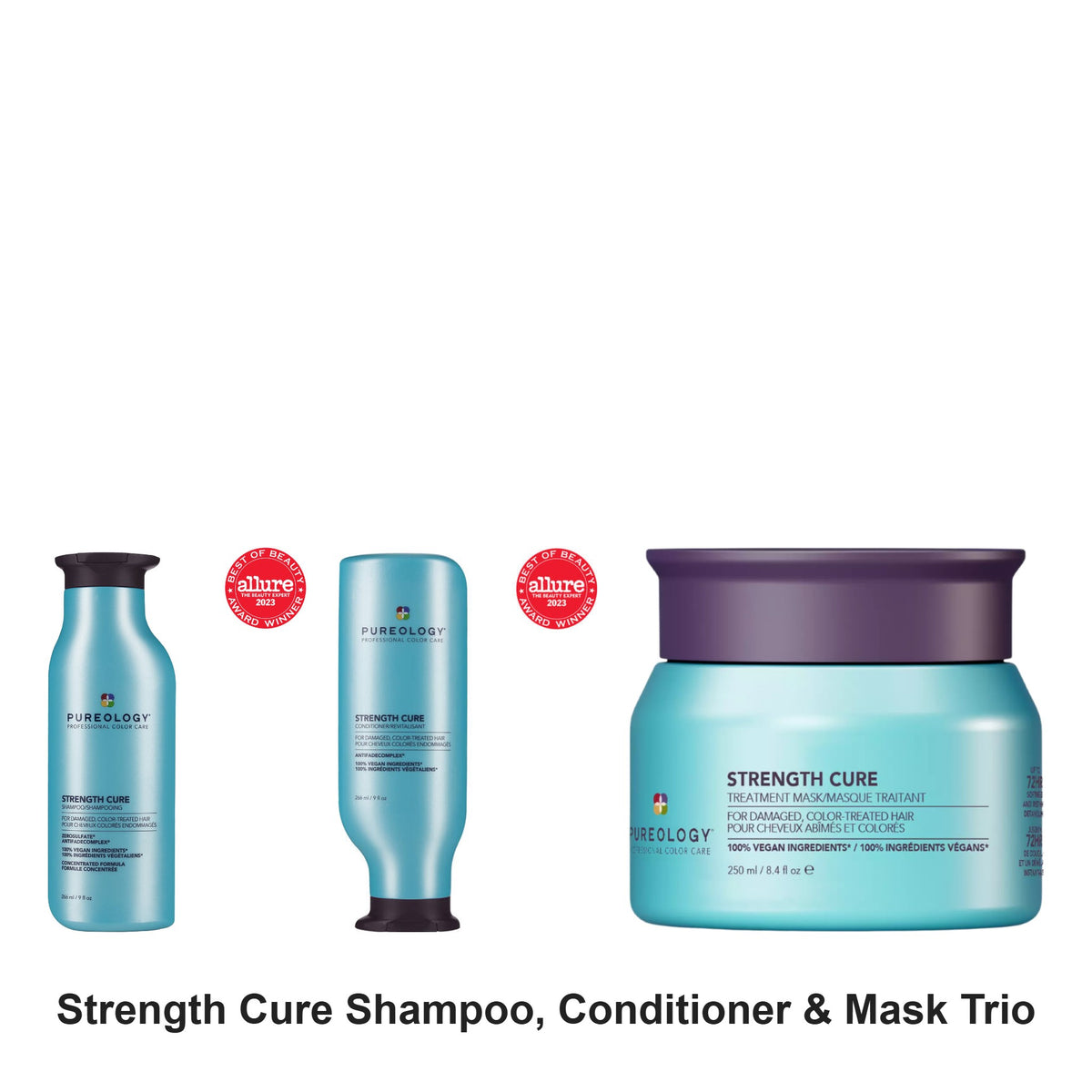Pureology - Strength Cure Shampoo, Conditioner & Mask Trio Bundle – bundle contents: Strength Cure Shampoo 266ml, Strength Cure Conditioner 266ml, Strength Cure Treatment Mask 250ml