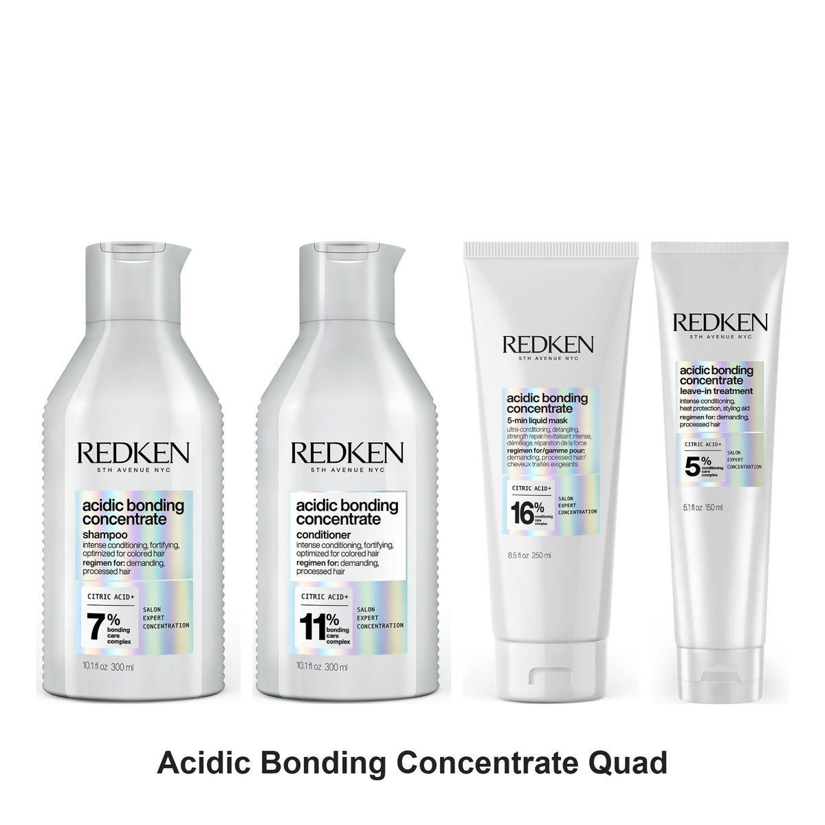 Redken - Acidic Bonding Concentrate Shampoo, Conditioner, Liquid Mask & Leave-In Quad Bundle – bundle contents: Acidic Bonding Concentrate Shampoo 300ml, Acidic Bonding Concentrate Conditioner 300ml, Acidic Bonding Concentrate 5 Min Liquid Mask 250ml, Acidic Bonding Concentrate Leave-In Treatment 150ml
