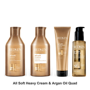 Redken - All Soft Shampoo, Conditioner, Heavy Cream & Argan Oil Quad Bundle – bundle contents: All Soft Shampoo 300ml, All Soft Conditioner 300ml, All Soft Heavy Cream Treatment 250ml, All Soft Argan-6 Oil 100ml