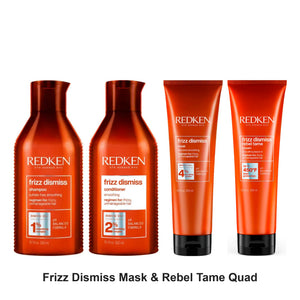 Redken - Frizz Dismiss Shampoo, Conditioner, Mask & Rebel Tame Quad Bundle – bundle contents: Frizz Dismiss Shampoo 300ml, Frizz Dismiss Conditioner 300ml, Frizz Dismiss Mask 250ml, Frizz Dismiss Rebel Tame Cream 250ml