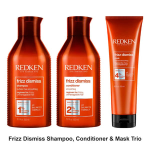 Redken - Frizz Dismiss Shampoo, Conditioner & Mask Trio Bundle – bundle contents: Frizz Dismiss Shampoo 300ml, Frizz Dismiss Conditioner 300ml, Frizz Dismiss Mask 250ml