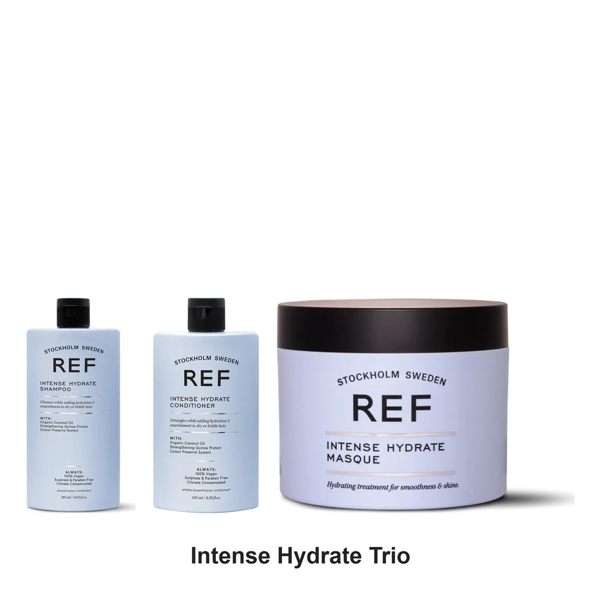 REF Stockholm - Intense Hydrate Shampoo, Conditioner & Masque Trio Bundle – bundle contents: Ref Stockholm sweden - Intense Hydrate Shampoo 285ml, Ref Stockholm sweden - Intense Hydrate Conditioner 245ml, Ref Stockholm sweden - Intense Hydrate Masque 250ml