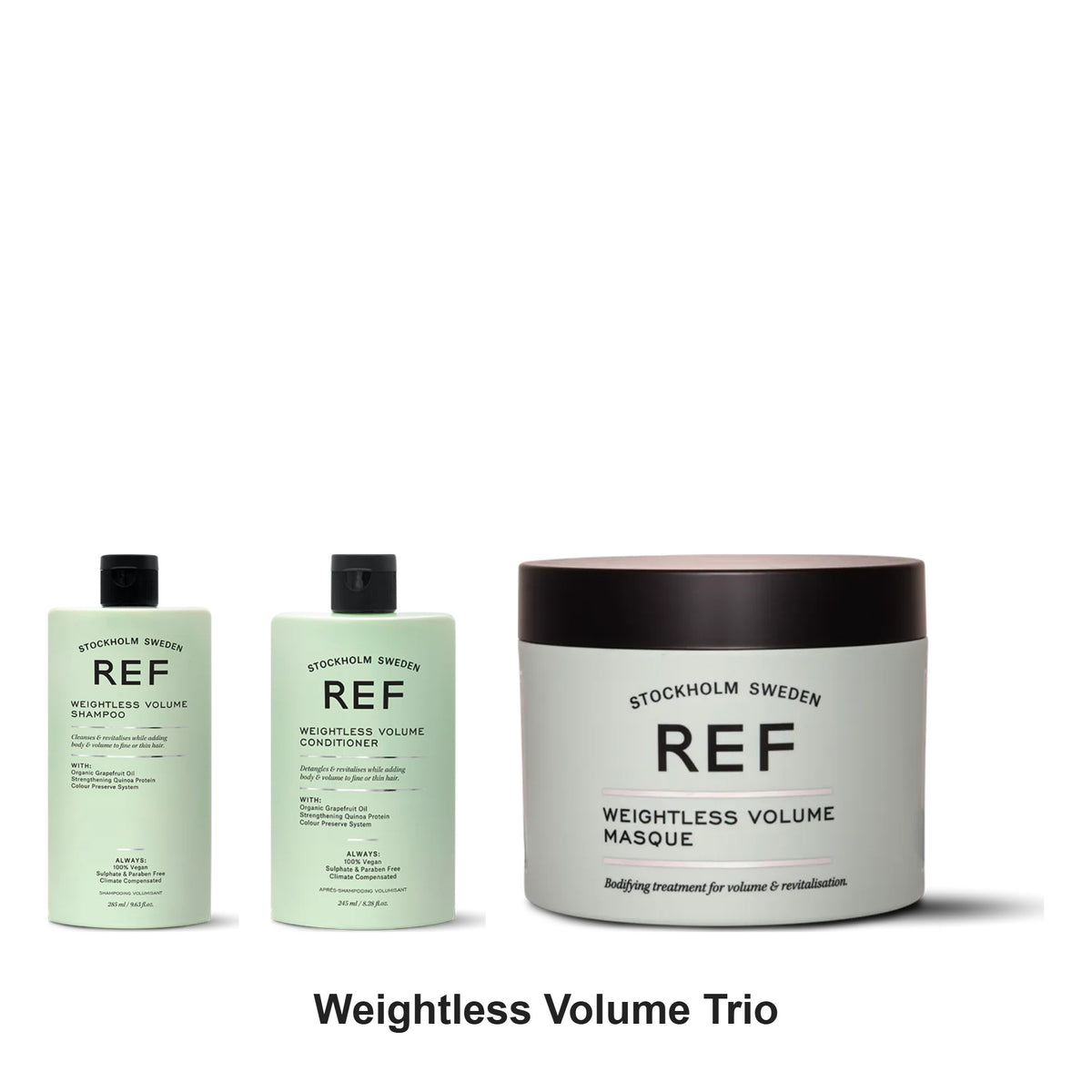 REF Stockholm - Weightless Volume Shampoo, Conditioner & Masque Trio Bundle – bundle contents: Ref Stockholm sweden - Weightless Volume Shampoo 285ml, Ref Stockholm sweden - Weightless Volume Conditioner 245ml, Ref Stockholm sweden - Weightless Volume Masque 250ml