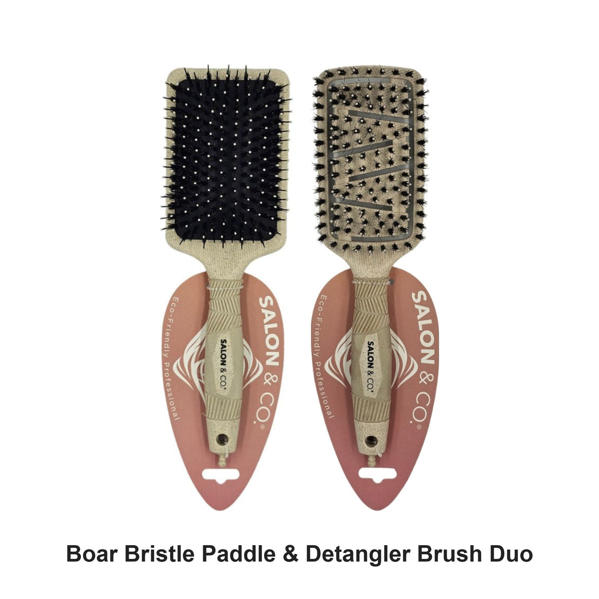 Salon & Co - Boar Bristle Paddle & Detangler Brush Duo Bundle – bundle contents: Boar Bristle Paddle Brush, Detangler Boar Bristle Brush