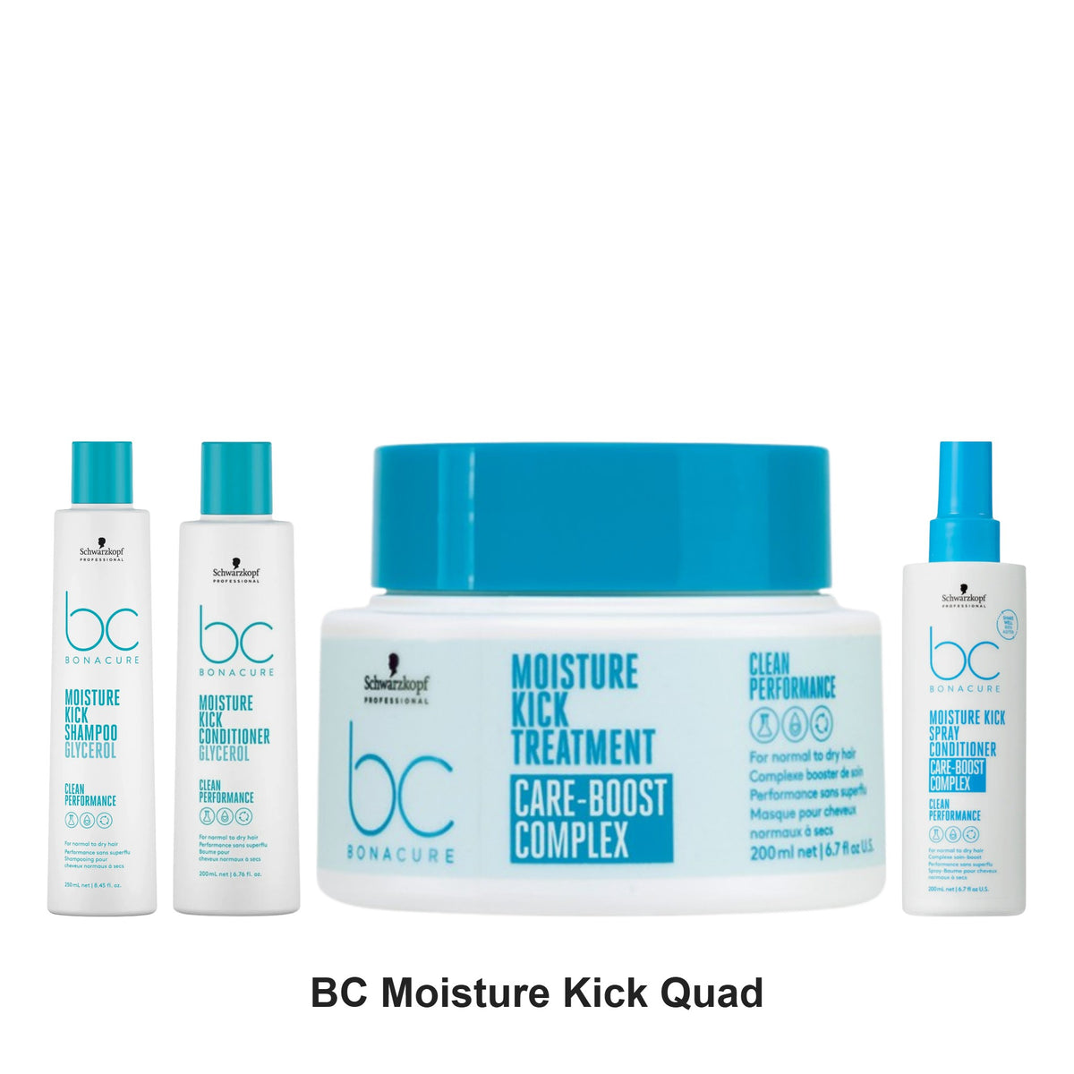 Schwarzkopf Professional - BC Moisture Kick Shampoo, Conditioner, Treatment & Spray Conditioner Quad Bundle – bundle contents: BC Clean Performance Moisture Kick Shampoo 250ml, BC Clean Performance Moisture Kick Conditioner 200ml, BC Clean Performance Moisture Kick Treatment 200ml, BC Clean Performance Moisture Kick Spray Conditioner 200ml