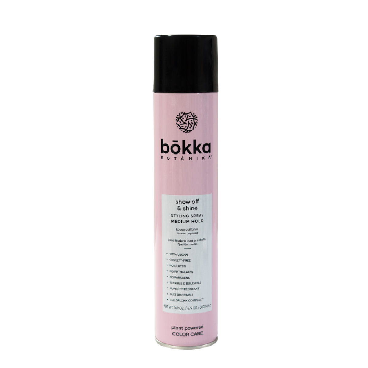 Bokka Botanika Show Off & Shine Styling Spray Medium Hold 500ml – front of can