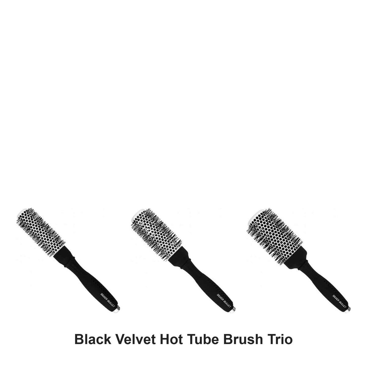 Silver Bullet - Black Velvet Hot Tube Brush Trio Bundle – bundle contents: Black Velvet Hot Tube Round Hair Brush Small 25mm, Black Velvet Hot Tube Round Hair Brush Medium 33mm, Black Velvet Hot Tube Round Hair Brush Large 43mm