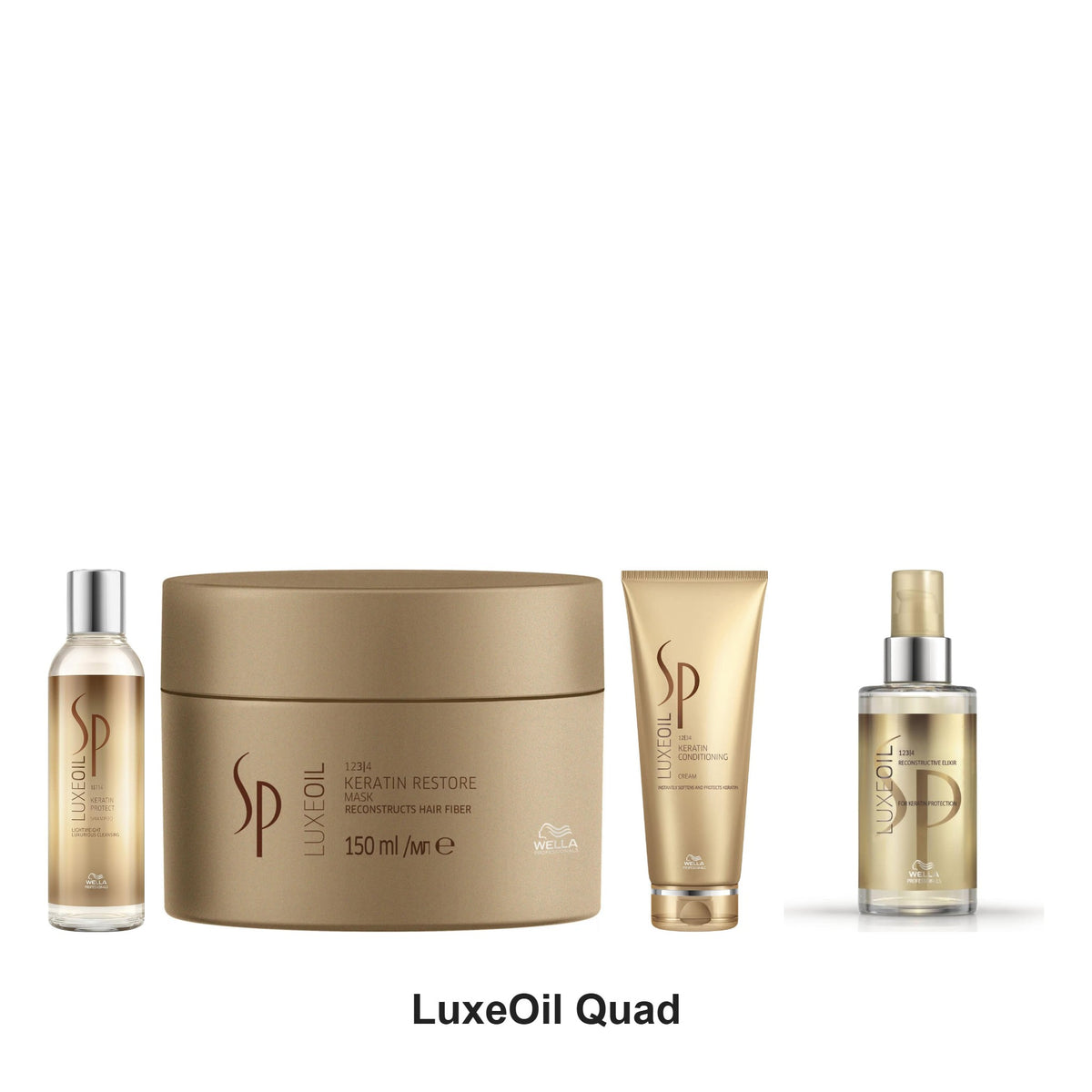 System Professional - LuxeOil Keratin Shampoo, Conditioning Cream, Mask & Reconstructive Elixir Quad Bundle – bundle contents: LuxeOil Keratin Protect Shampoo 200ml, LuxeOil Keratin Restore Mask 150ml, LuxeOil Keratin Conditioning Cream 200ml, LuxeOil Reconstructive Elixir 100ml
