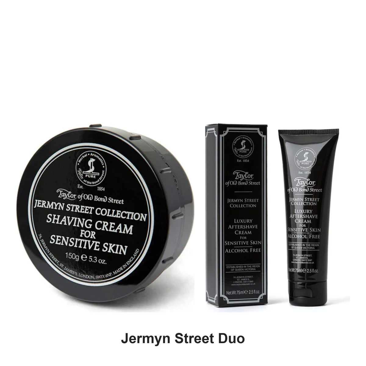 Taylor of Old Bond Street - Jermyn Street Shaving Cream & After Shave Cream Duo Bundle – bundle contents: Jermyn Street Shaving Cream for Sensitive Skin 150g, Jermyn Street After Shave Cream 75ml