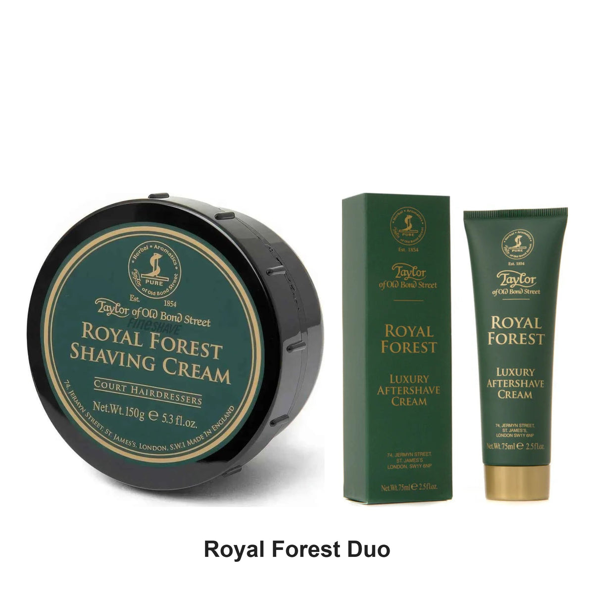 Taylor of Old Bond Street - Royal Forest Shaving Cream & After Shave Cream Duo Bundle – bundle contents: Royal Forest Shaving Cream Bowl 150g, Royal Forest After Shave Cream 75ml