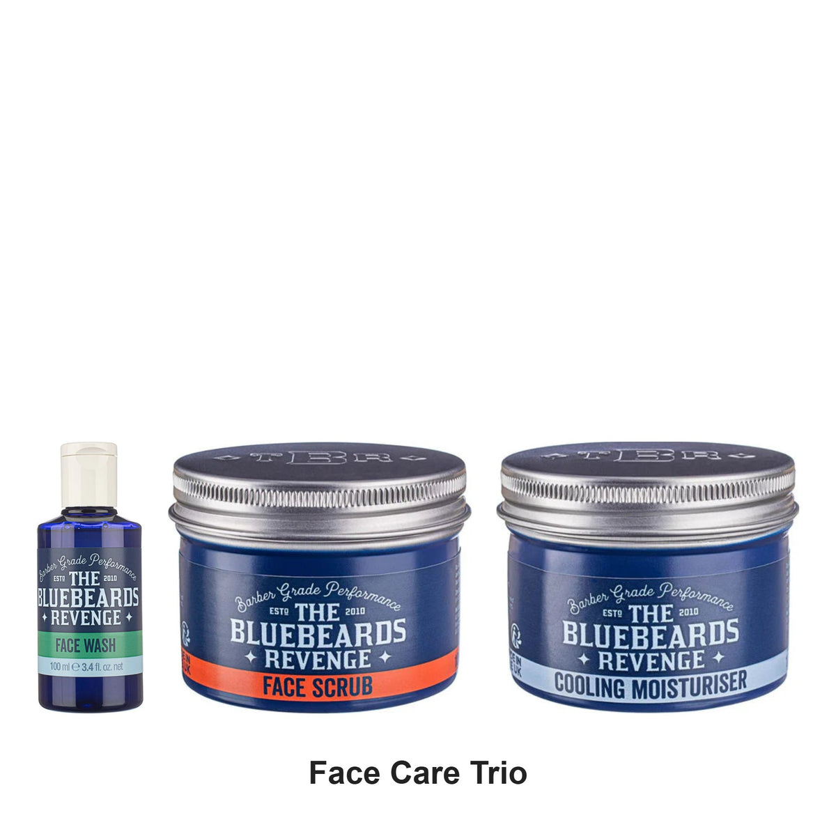 The Bluebeards Revenge - Face Care Trio Bundle (Face Wash, Face Scrub & Cooling Moisturiser) – bundle contents: Face Wash 100ml, Face Scrub 100ml, Cooling Moisturiser 100ml