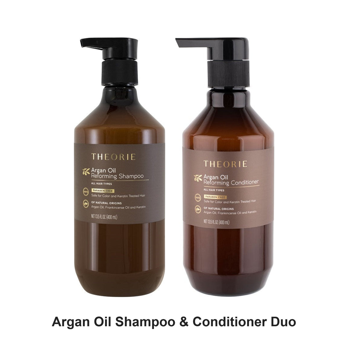 Theorie - Argan Oil Shampoo & Conditioner Duo Bundle – bundle contents: Argan Oil Shampoo 400ml, Argan Oil Conditioner 400ml