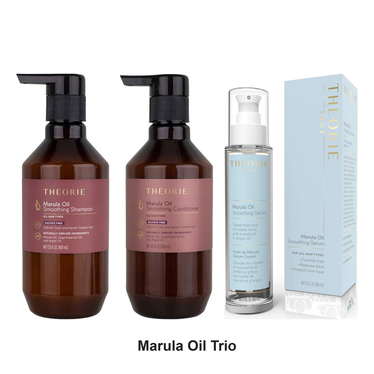 Theorie - Marula Oil Shampoo, Conditioner & Smoothing Serum Trio Bundle – bundle contents: Marula Oil Sulphate Free Shampoo 400ml, Marula Oil Sulphate Free Conditioner 400ml, Marula Smoothing Serum 60ml